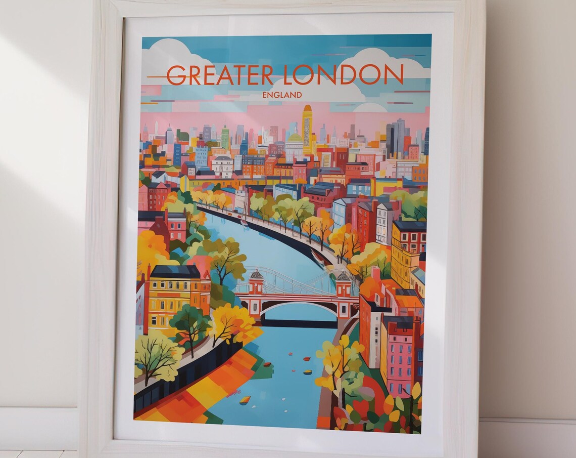 Greater London England Autumn Riverside Bridge Cityscape Poster - Image 2