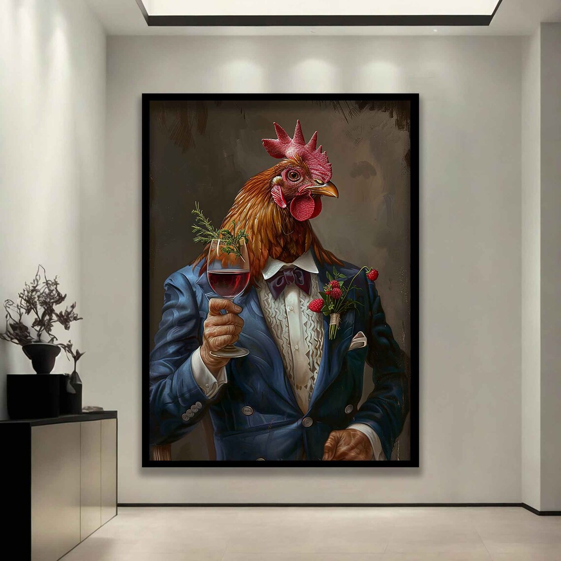 Anthropomorphic Chicken in Blue Suit, Wall Art Print - Image 3
