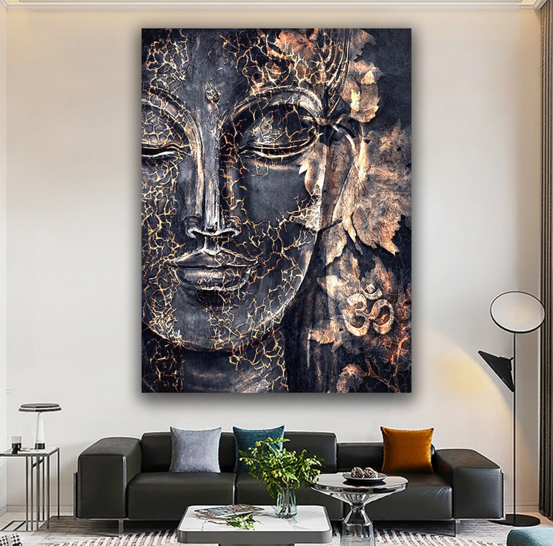 Black Buddha Face Gold Crackle Ancient Stone Meditation Zen Wall Art Poster - Image 4