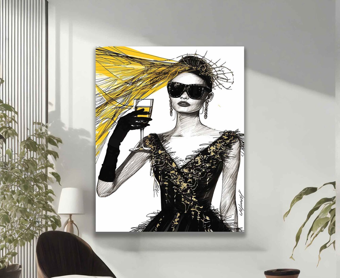Fashion Sketch Woman Champagne Glamorous Black Gold Elegant Art Poster - Image 2
