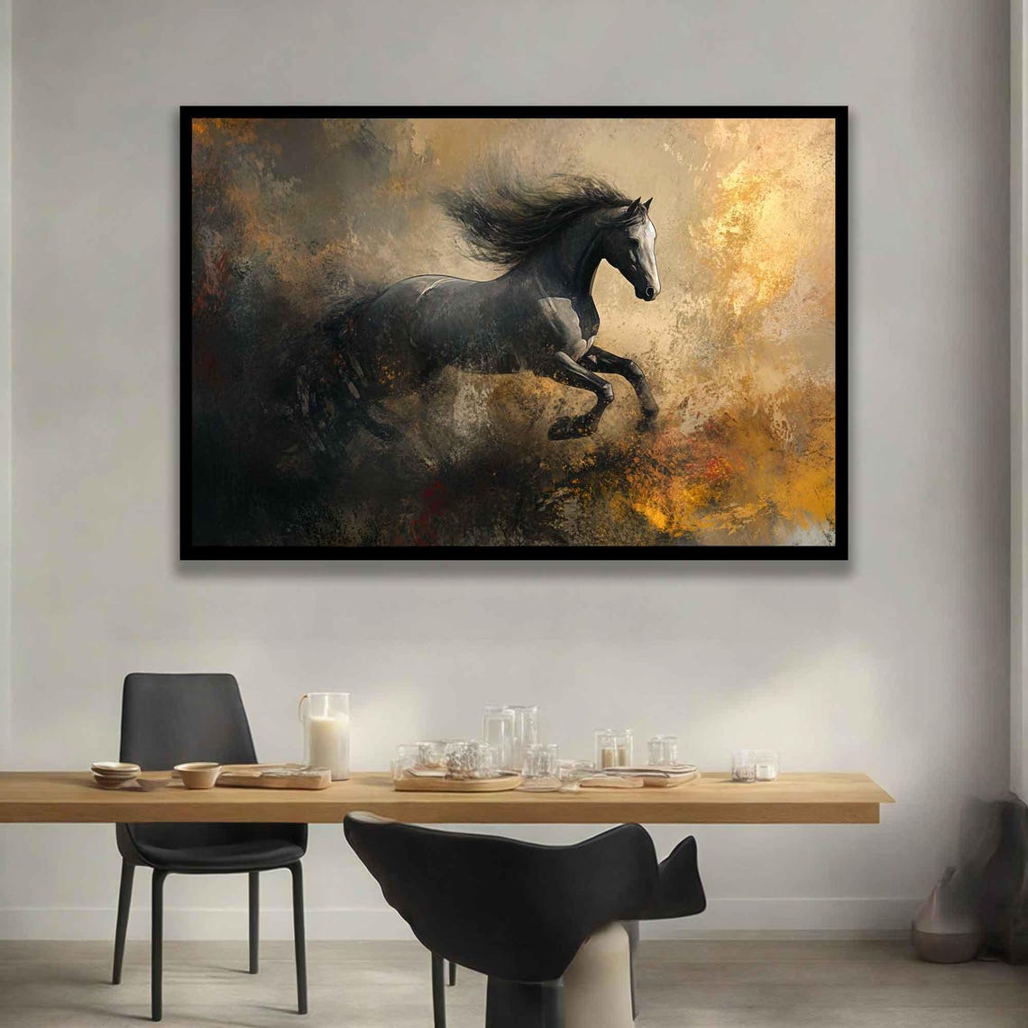 Black Horse Galloping Through Golden Smoke Dramatic Dark Art Poster - Image 2