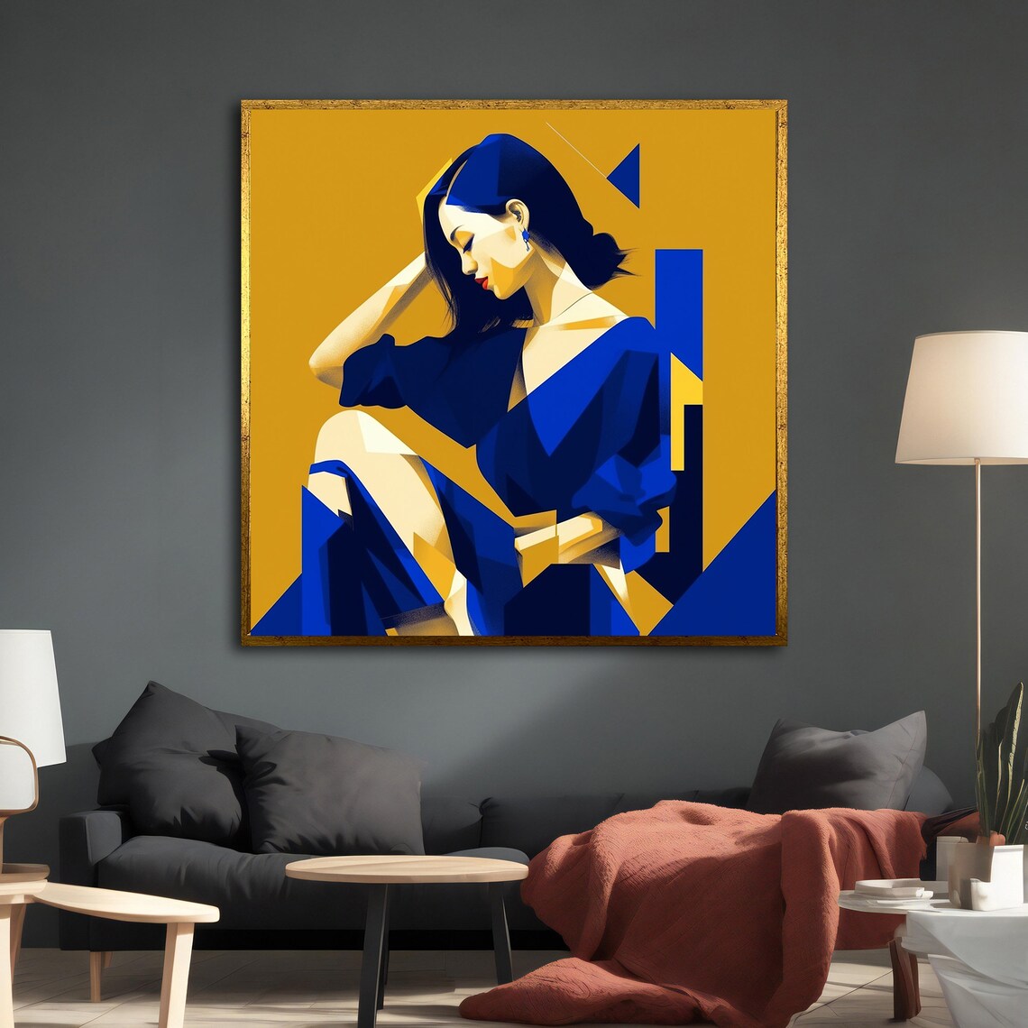 Abstract Geometric Woman Portrait Blue Gold Art Deco Modern Style Wall Art - Image 2