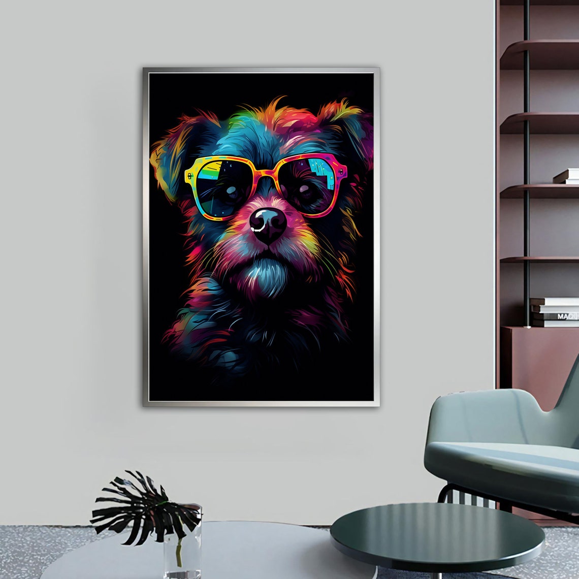 Cool Colorful Dog Wearing Rainbow Sunglasses Neon Black Wall Art - Image 4