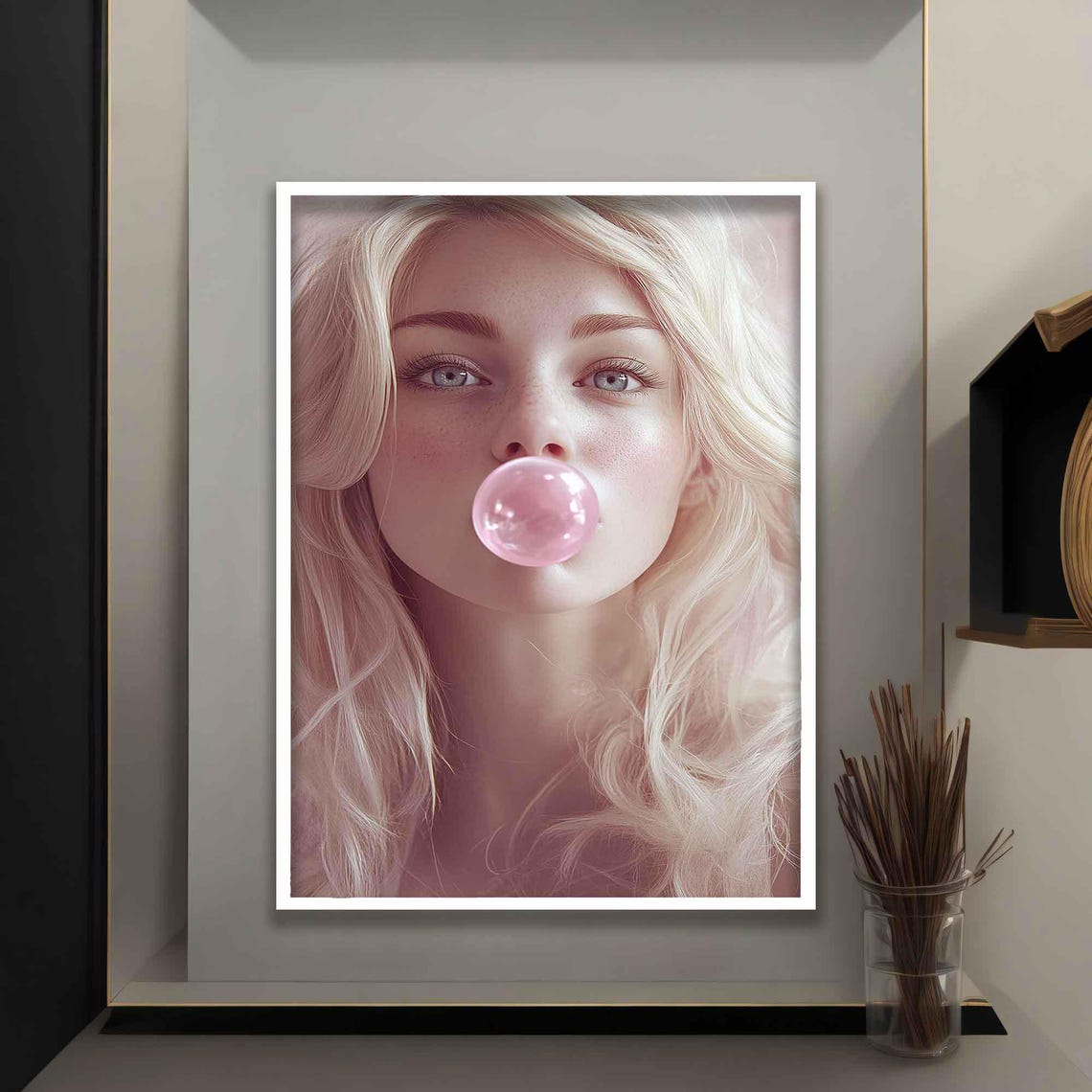 Freckled Blonde Woman Blowing Pink Bubble Gum Close Up Portrait Poster - Image 4