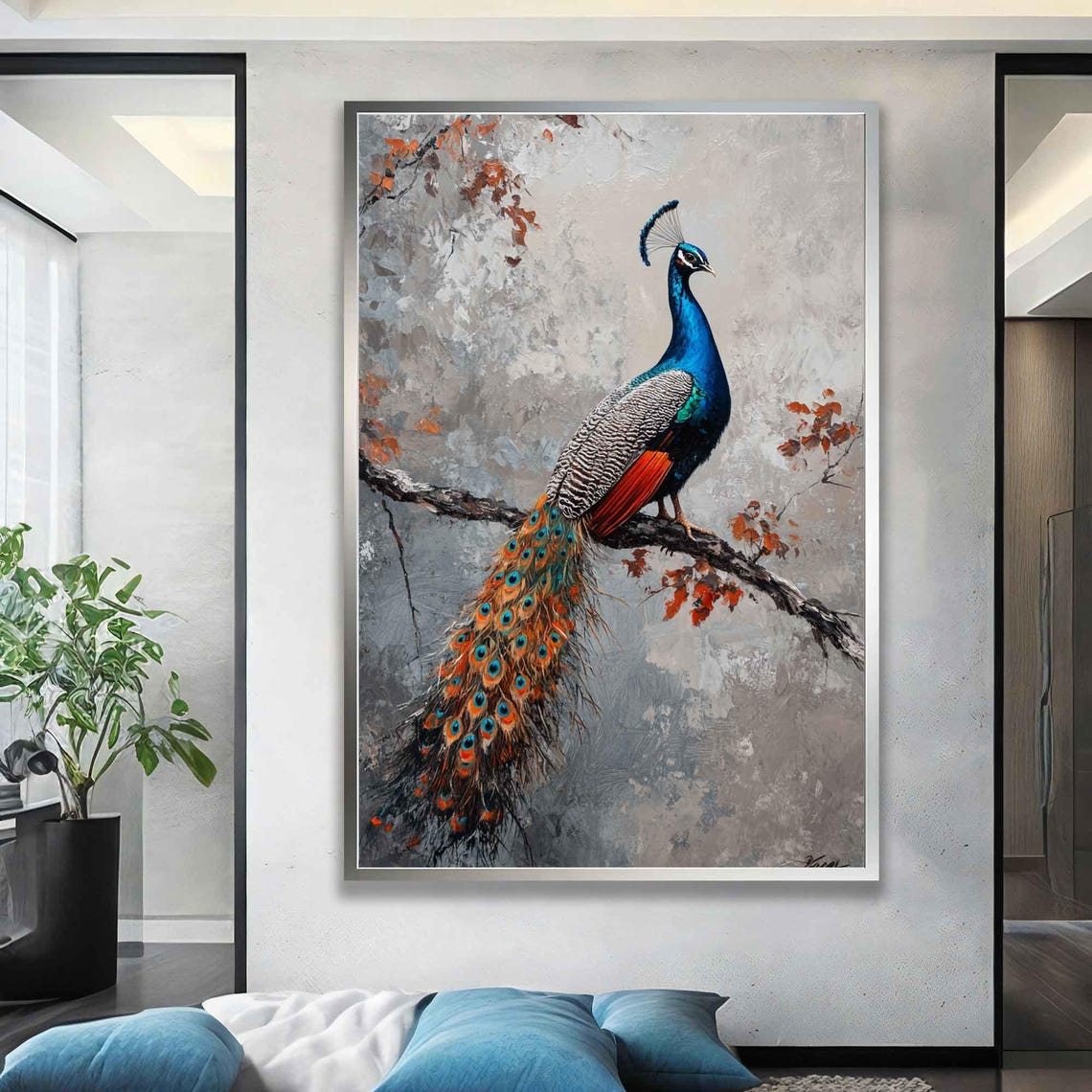 Colorful Peacock Perched On Branch Vibrant Tail Feather Art Poster - Image 4