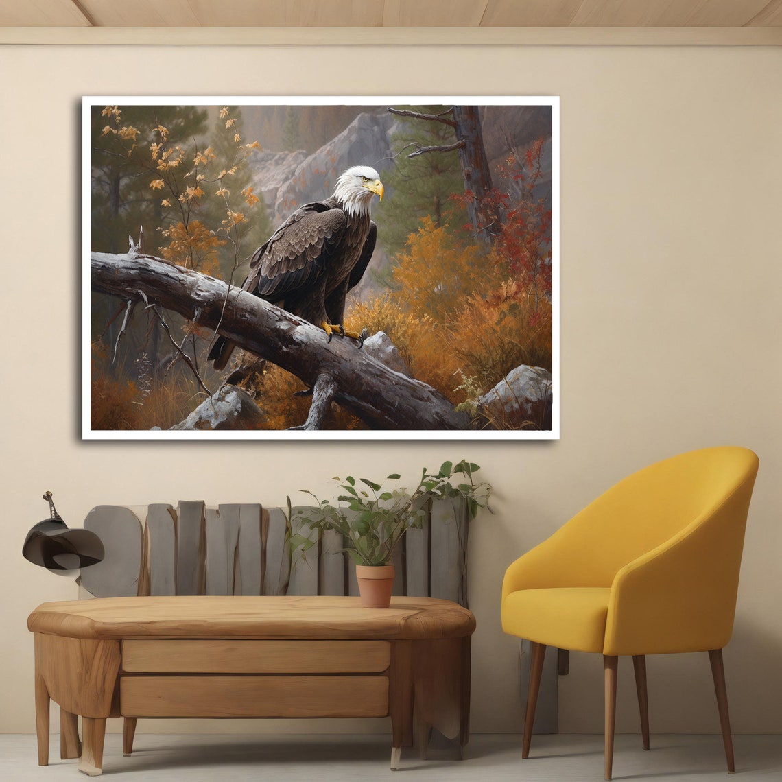 Bald Eagle Perched Fallen Log Autumn Forest Golden Foliage Poster - Image 4