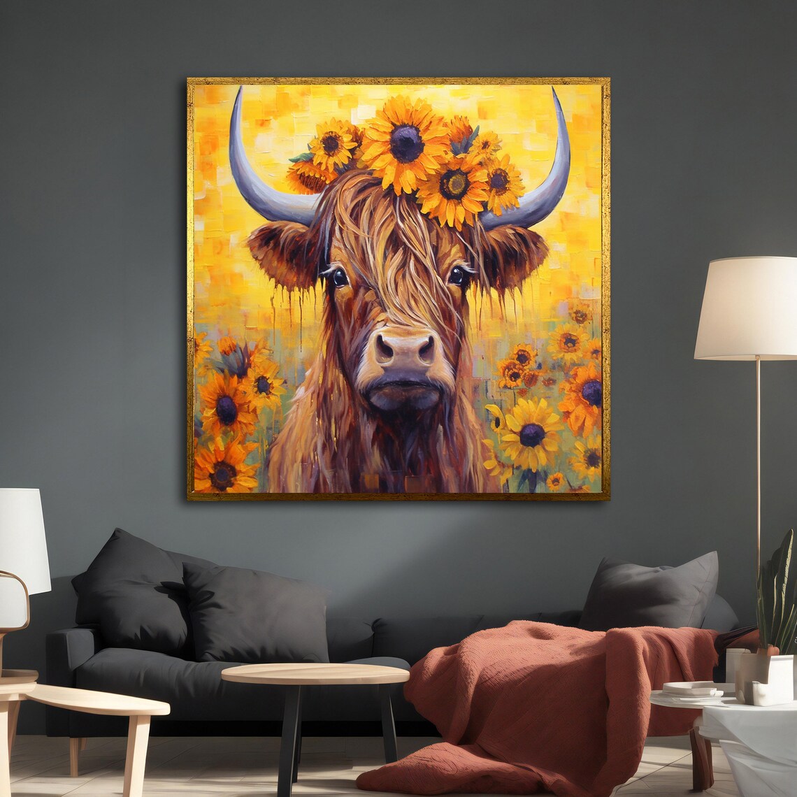 Highland Cow With Sunflower Crown Yellow Field Painting Poster - Image 2