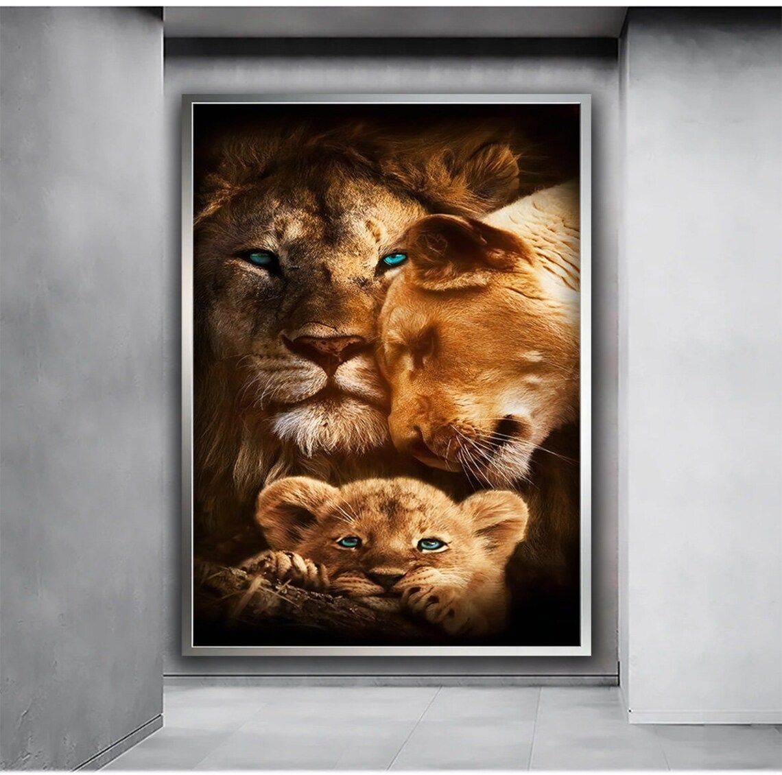 Lion Family Portrait Blue Eyes Father Mother Cub Tender Wildlife Wall Art Poster