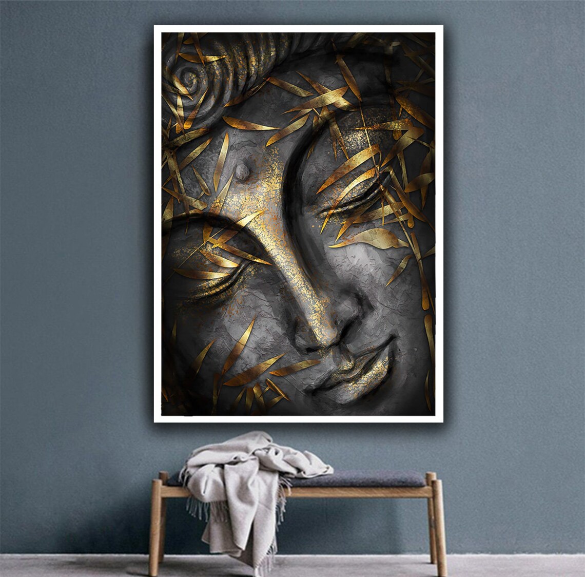Black Gold Leaf Buddha Face Serene Spiritual Calm Decor Wall Art Poster - Image 3