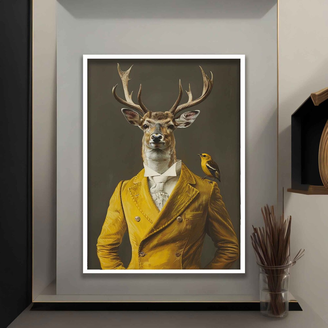 Regal Stag Mustard Yellow Suit Small Bird On Shoulder Surreal Art Poster - Image 4
