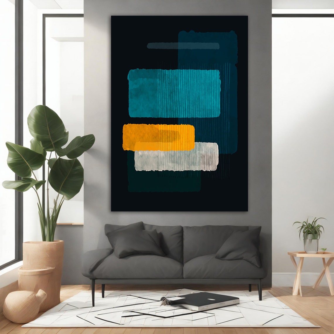 Turquoise Yellow White Brushstroke Abstract Rothko Style Modern Poster - Image 3