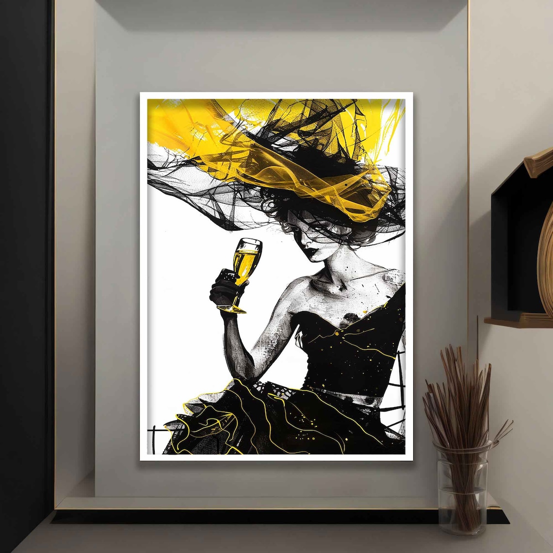 Elegant Woman Champagne Dramatic Yellow Black Veil Fashion Art Poster - Image 4