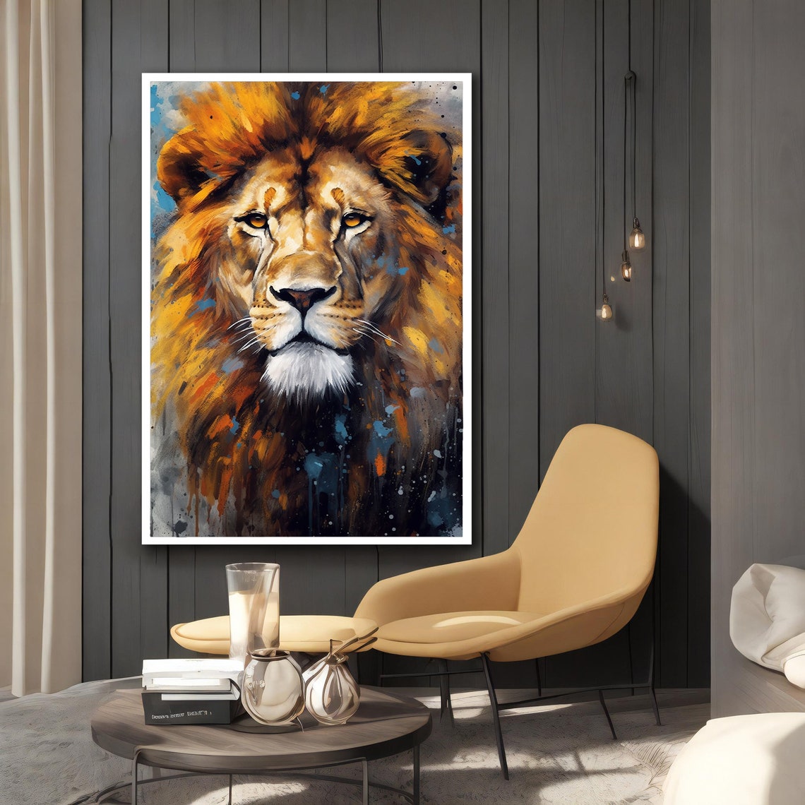 Colorful Lion Face Watercolor Orange Blue Paint Splashes Poster - Image 2