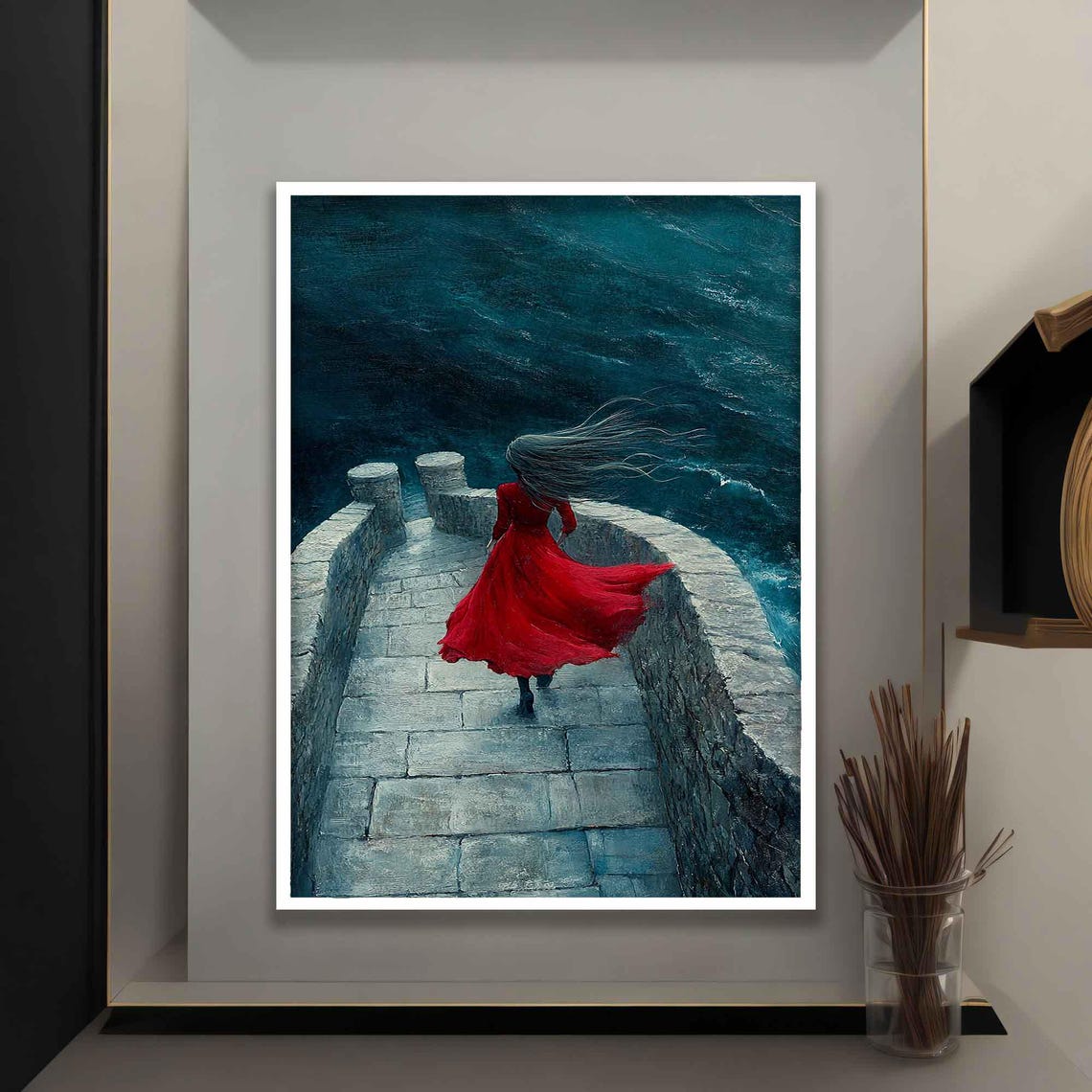 Woman With Red Dress Wall Decor Surreal Blonde Girl Poster Seascape Art Girl In Red Dress Print Beautiful Woman Home Decor - Image 5