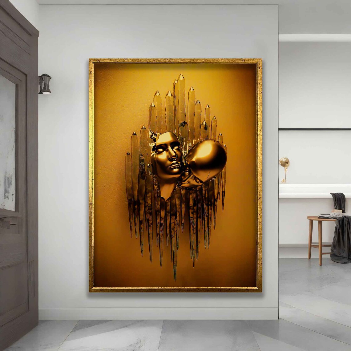 Bronze Kissing Heads Melting Gold Drips Warm Sculpture Love Art Poster