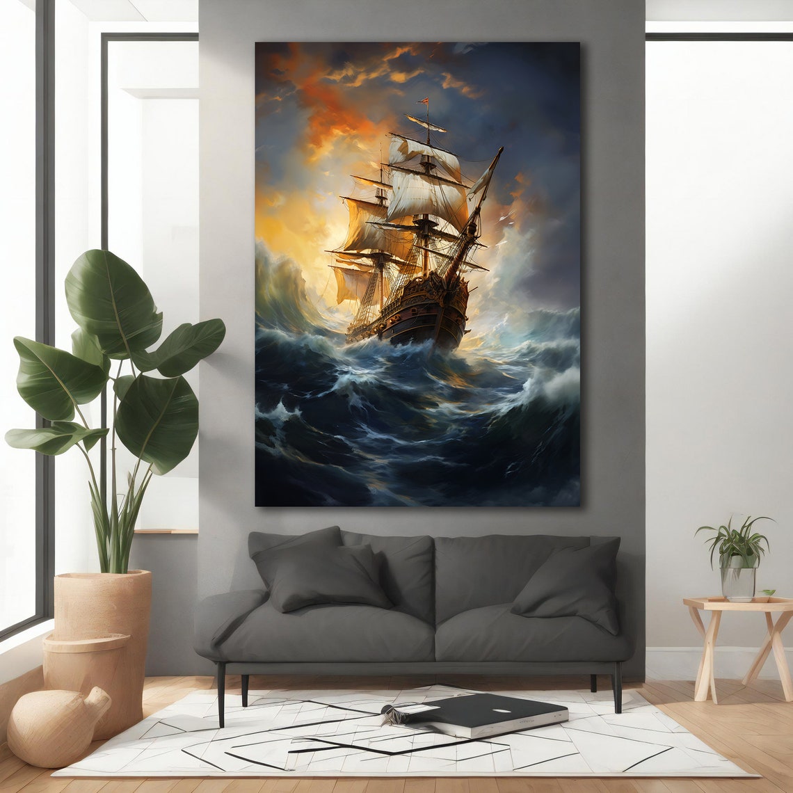 Tall Ship Stormy Golden Clouds Rolling Waves Dramatic Ocean Poster - Image 5