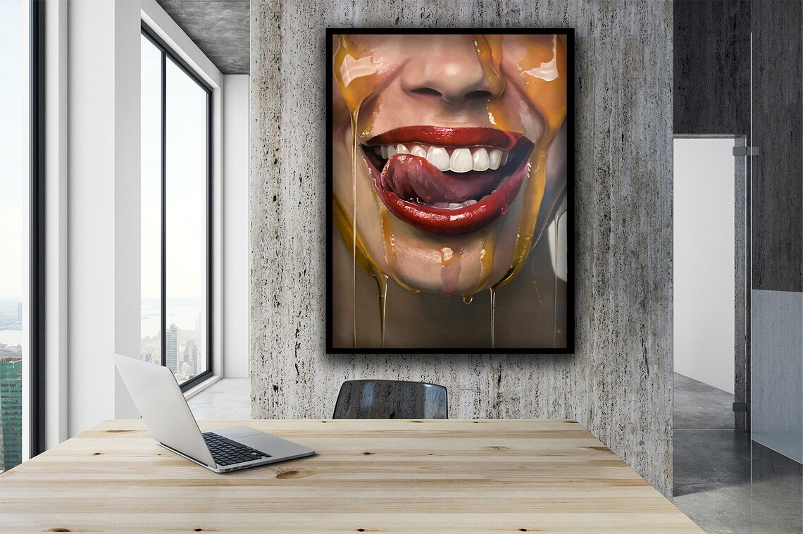 Bold Red Lips Honey Dripping Tongue Out Pop Art Woman Face Wall Poster - Image 2