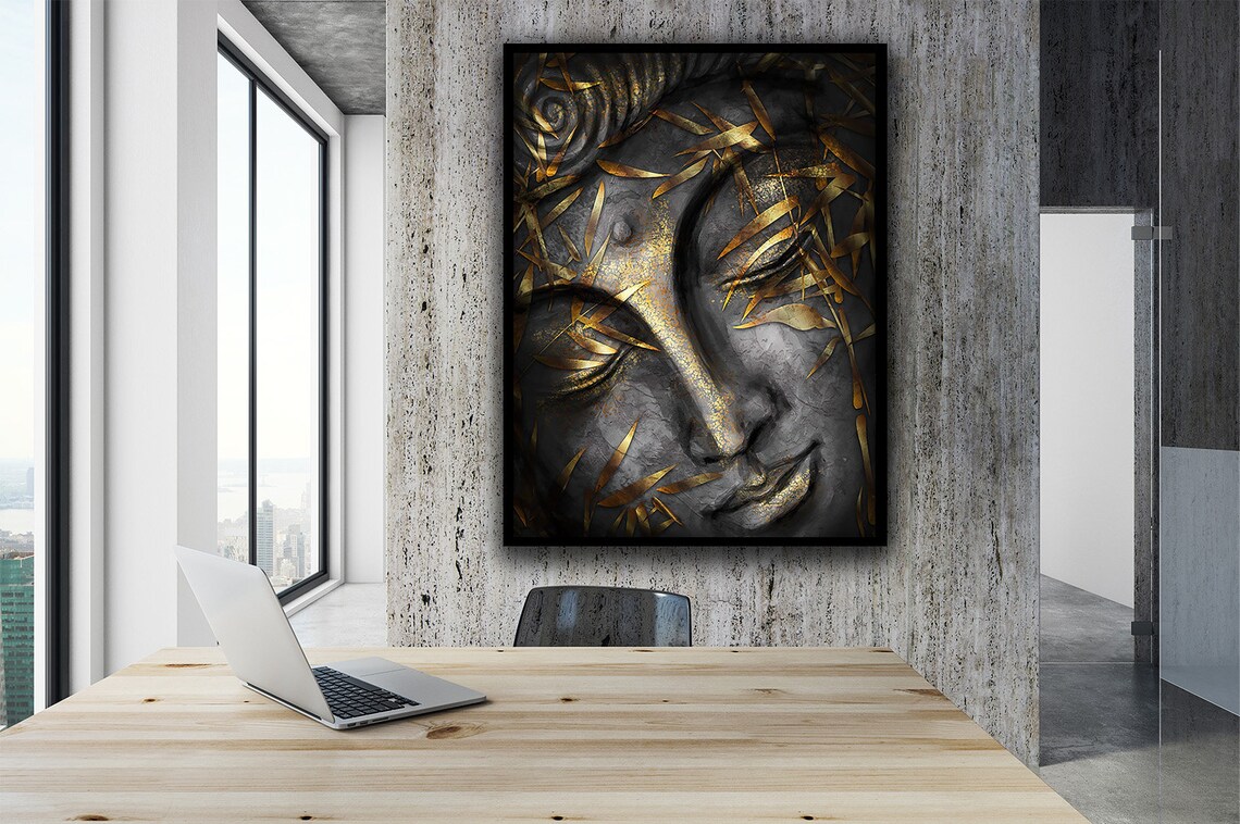 Black Gold Leaf Buddha Face Serene Spiritual Calm Decor Wall Art Poster - Image 2