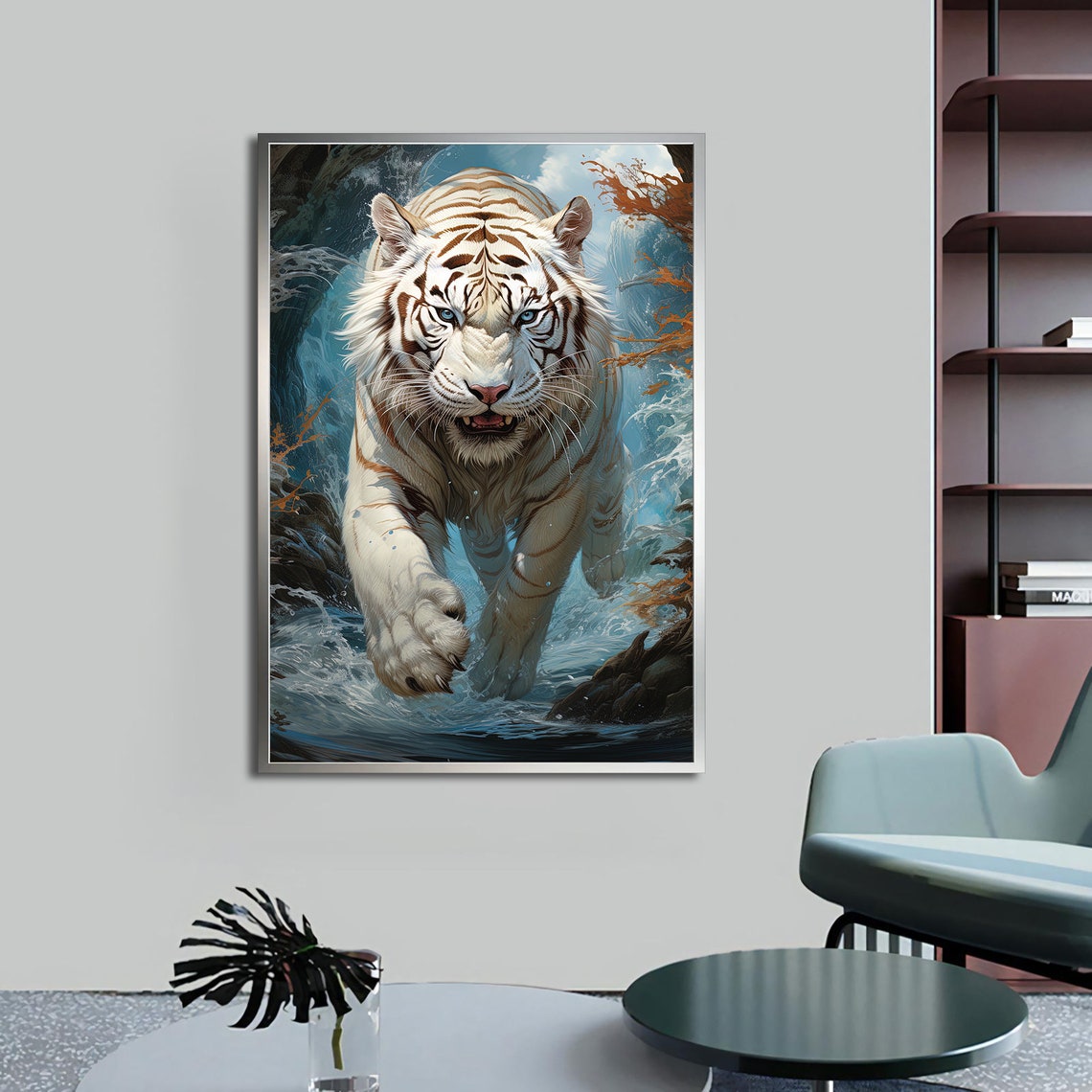 White Tiger Walking Through Blue Water Splashes Wild Eyes Poster - Image 4