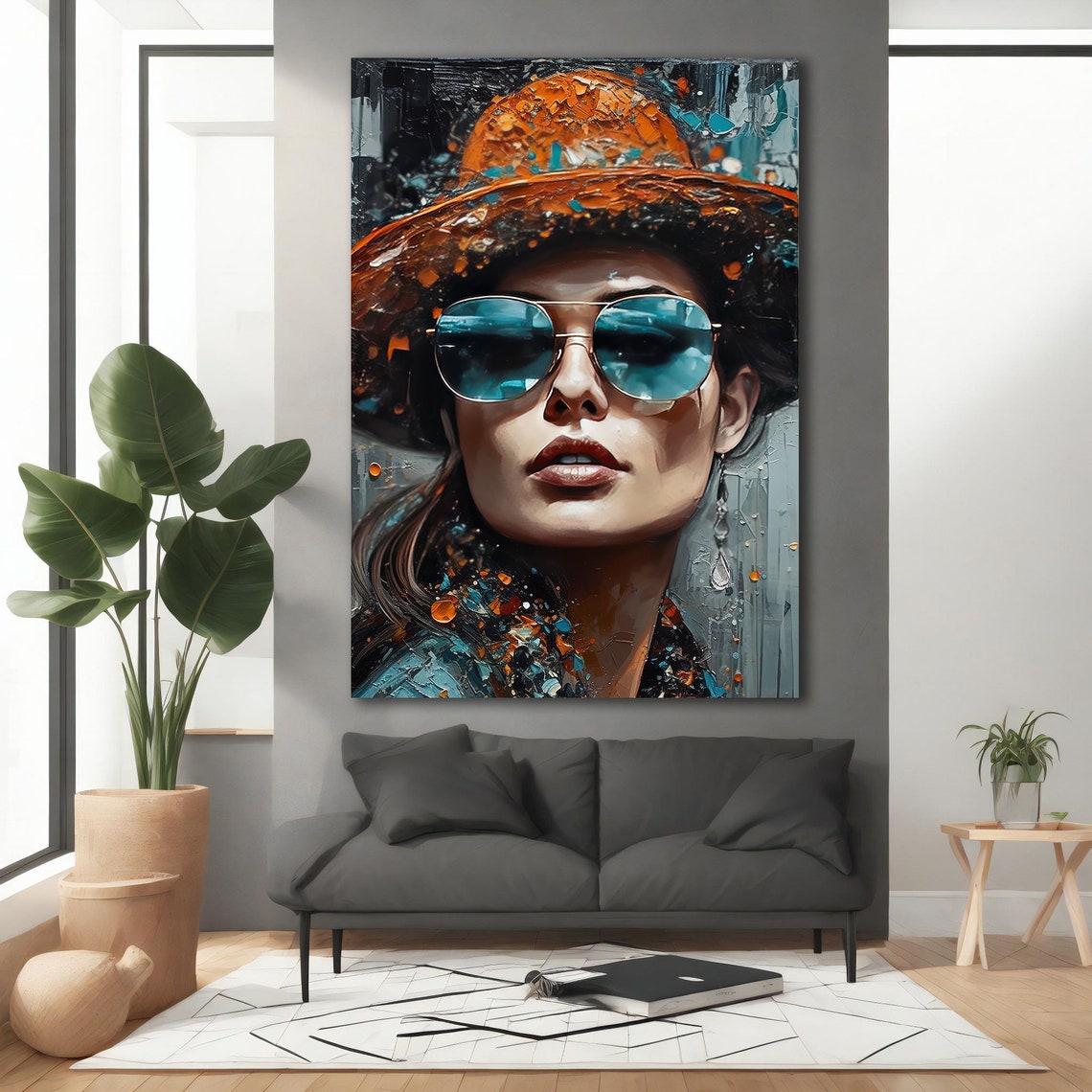 Woman with Sunglasses Hat Orange Blue Splash Portrait Art Poster - Image 2