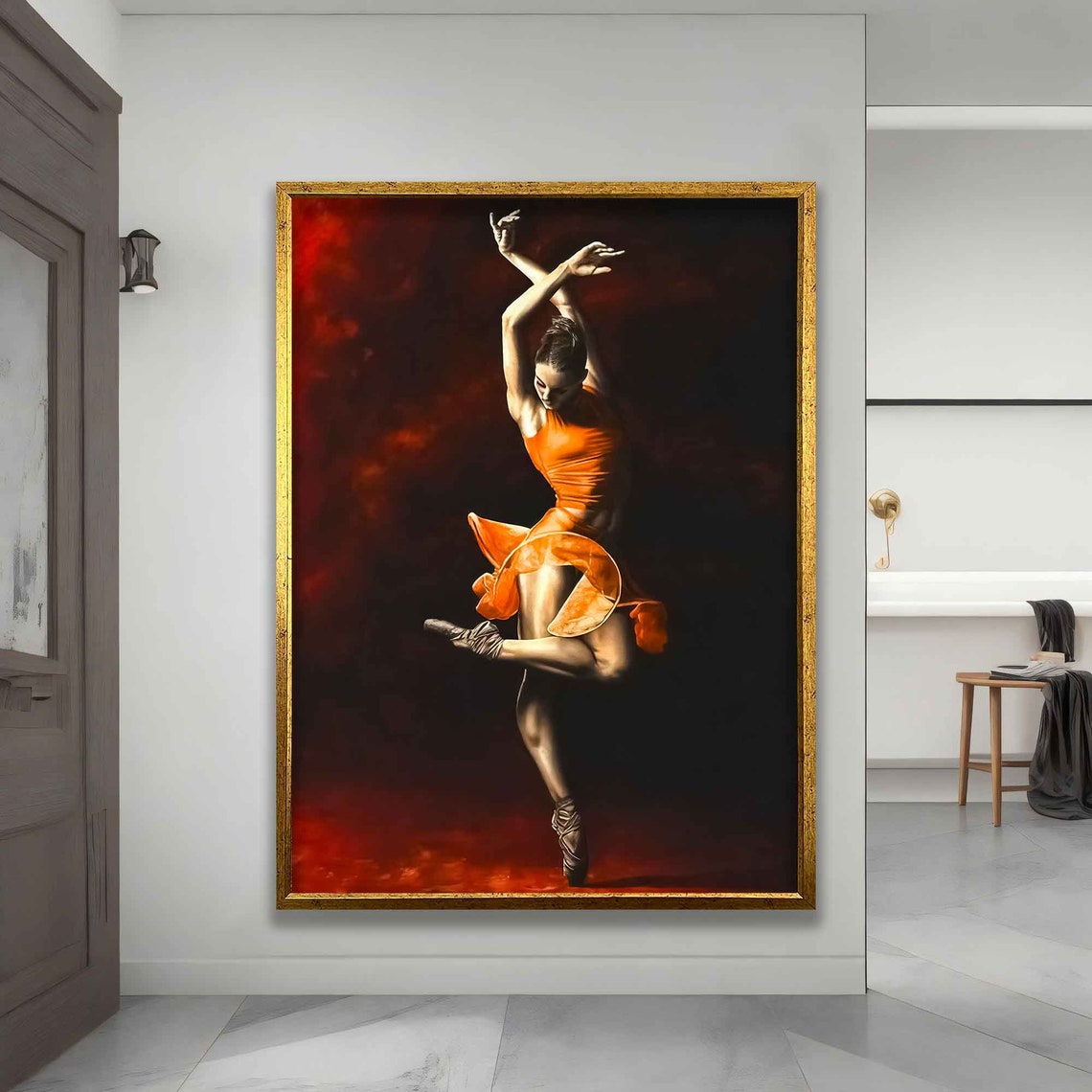 Ballerina Leaping in Orange Dress Dramatic Dark Stage Art Poster - Image 4