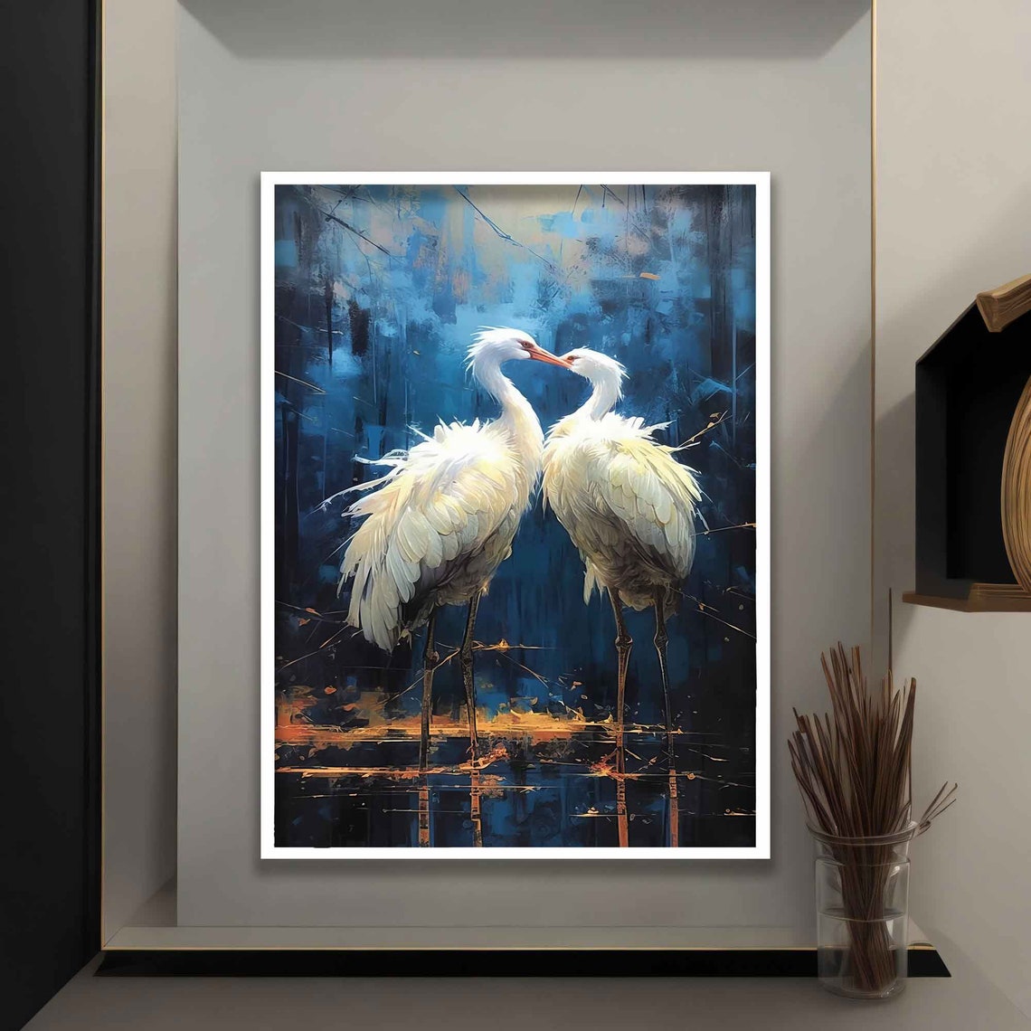 Two White Storks Nuzzling at Dusk Blue Water Bird Art Wall Poster - Image 4