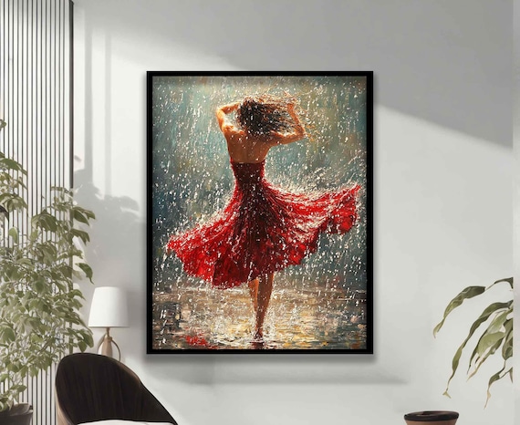 Woman In Red Dress Dancing In Rain Splashing Water Romantic Art Print