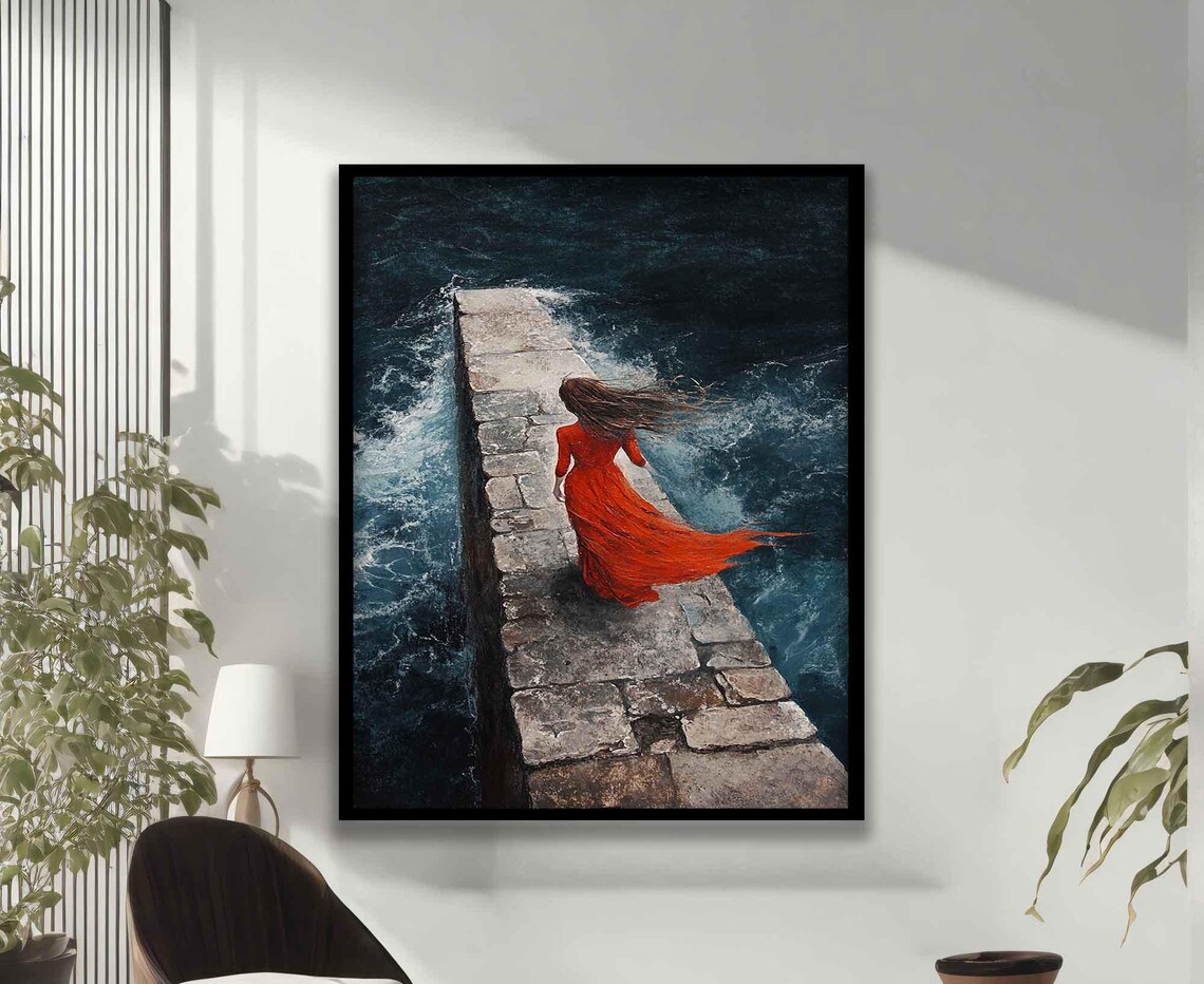 Woman Red Dress Walking Stone Pier Stormy Sea Windy Painting Poster - Image 2