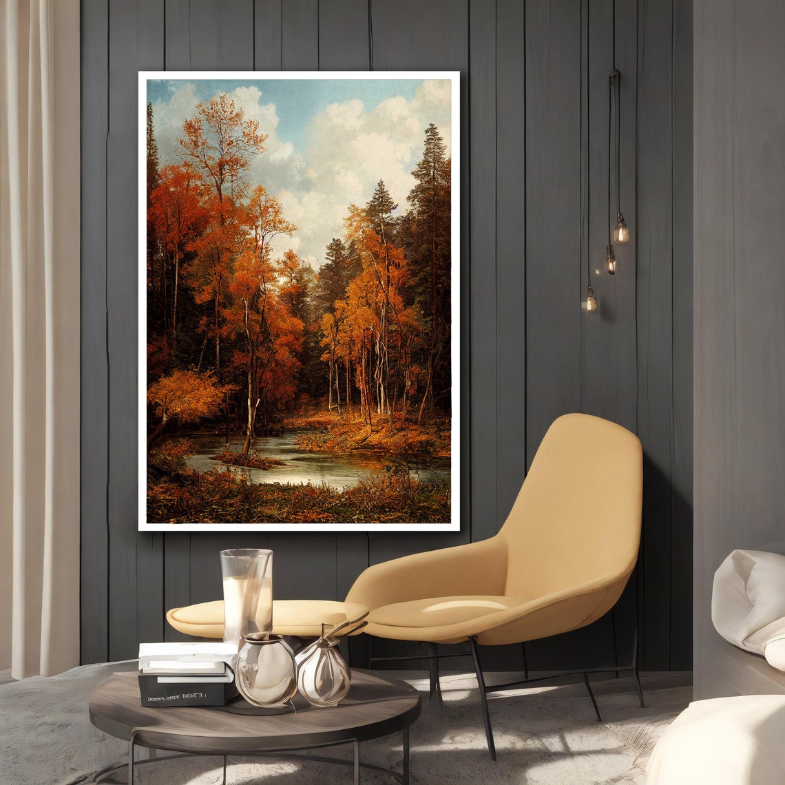 Autumn Birch Forest Golden Stream Fall Foliage Landscape Art Poster - Image 2