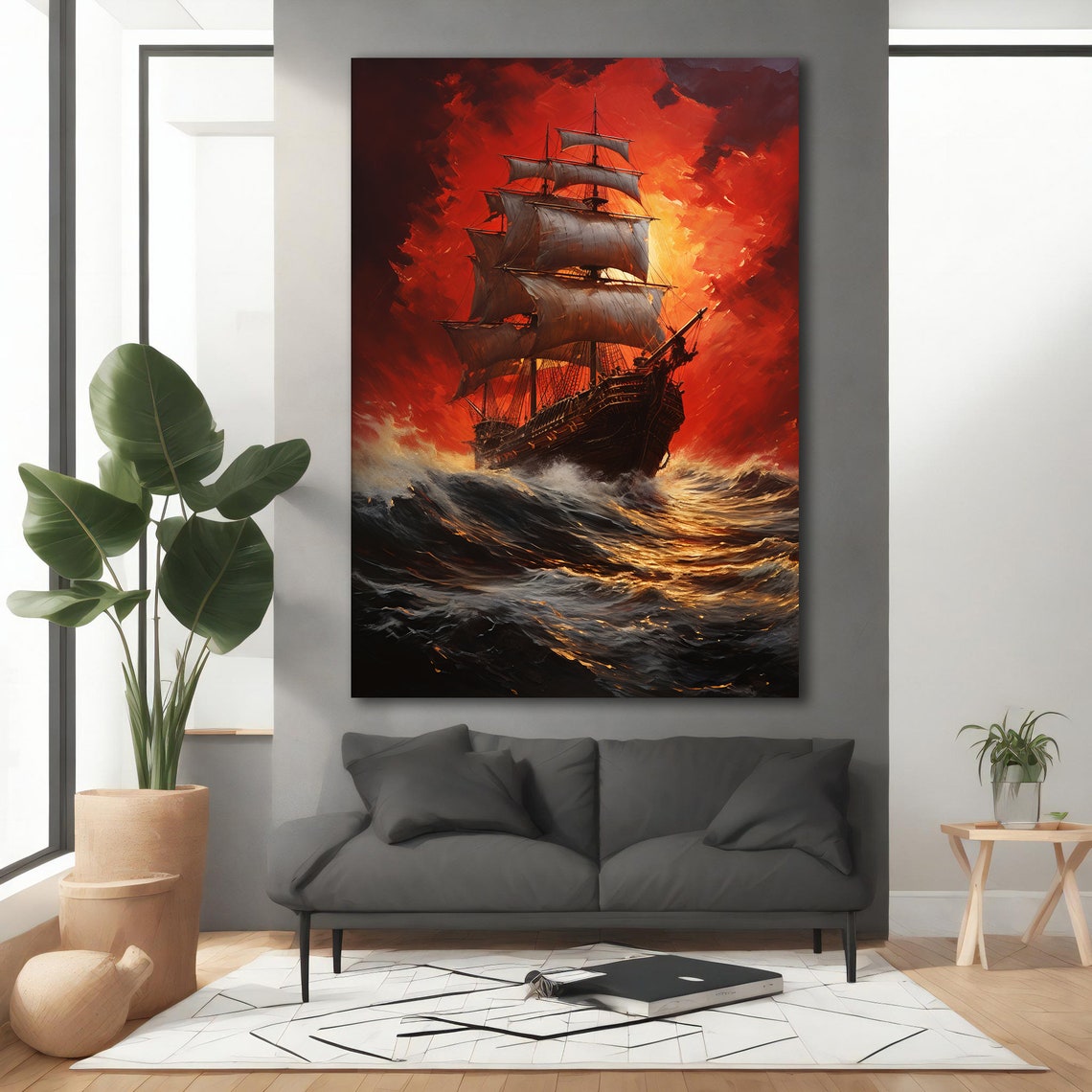 Dark Pirate Ship Fiery Red Storm Night Ocean Waves Art Poster - Image 3