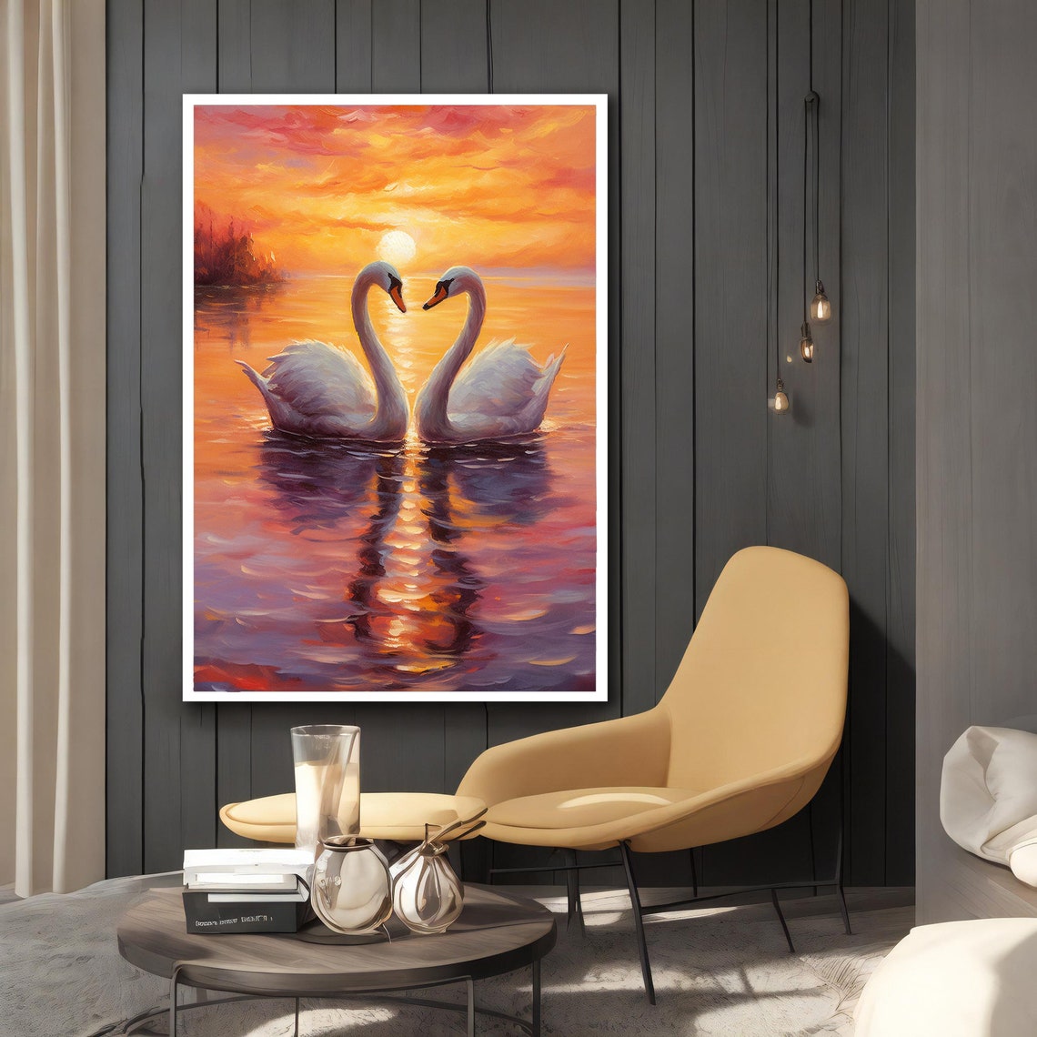 White Swans Heart Shape Sunset Lake Romantic Painting Wall Art Poster - Image 2
