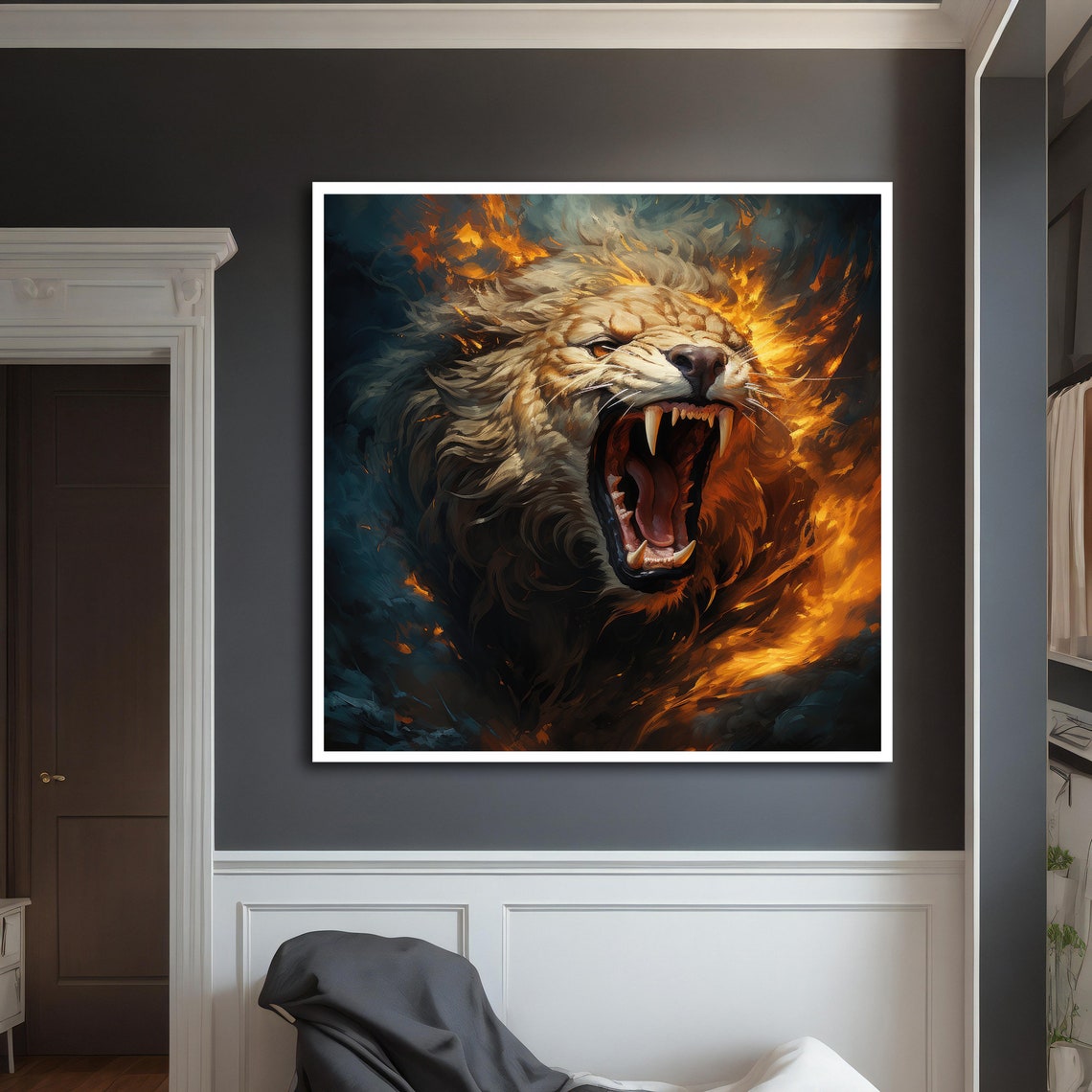 Roaring Lion Head In Flames Fiery Mane Dark Smoke Animal Art Poster - Image 2
