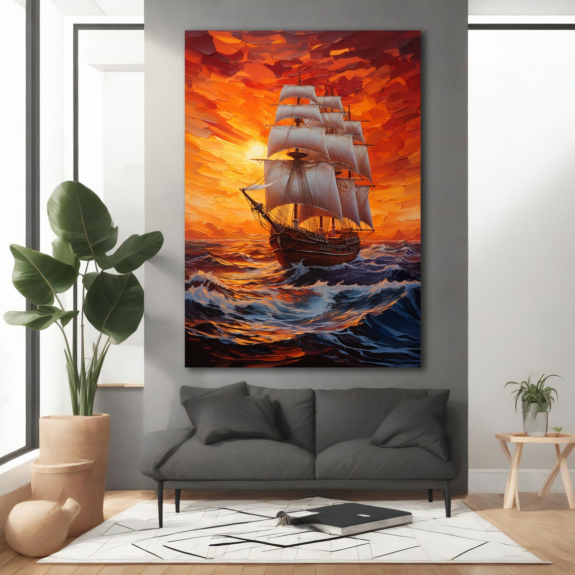 Tall Ship Fiery Red Orange Sunset Crashing Waves Ocean Art Poster - Image 5