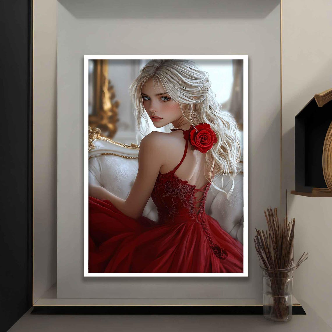 Blonde Beautiful Girl Poster Beautiful Woman Print In Red Dress Woman Painting - Image 4