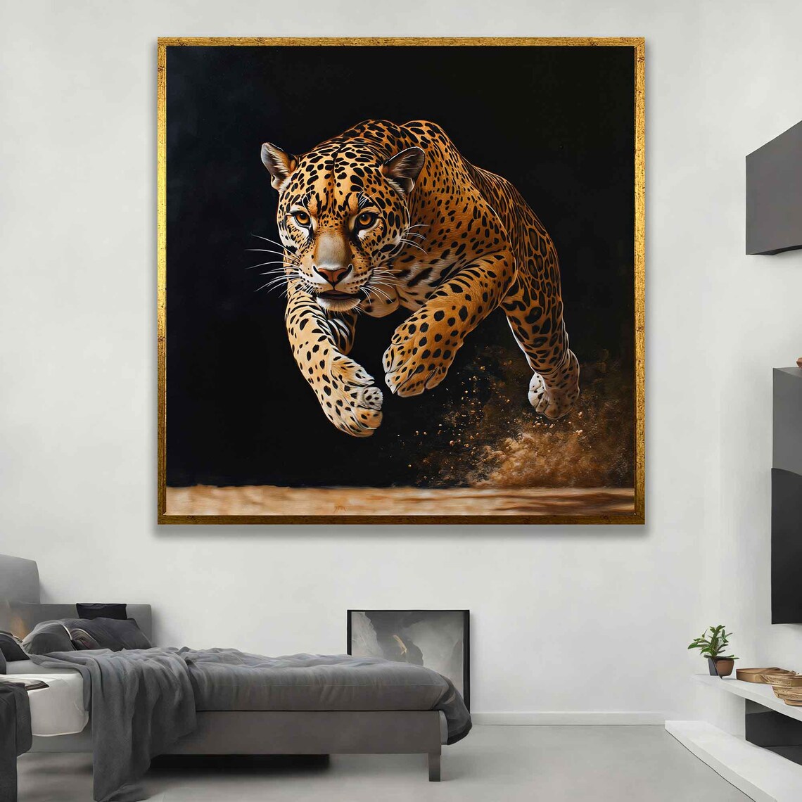 Leaping Leopard Portrait Painting Black Background Wild Animal Wall Poster - Image 3