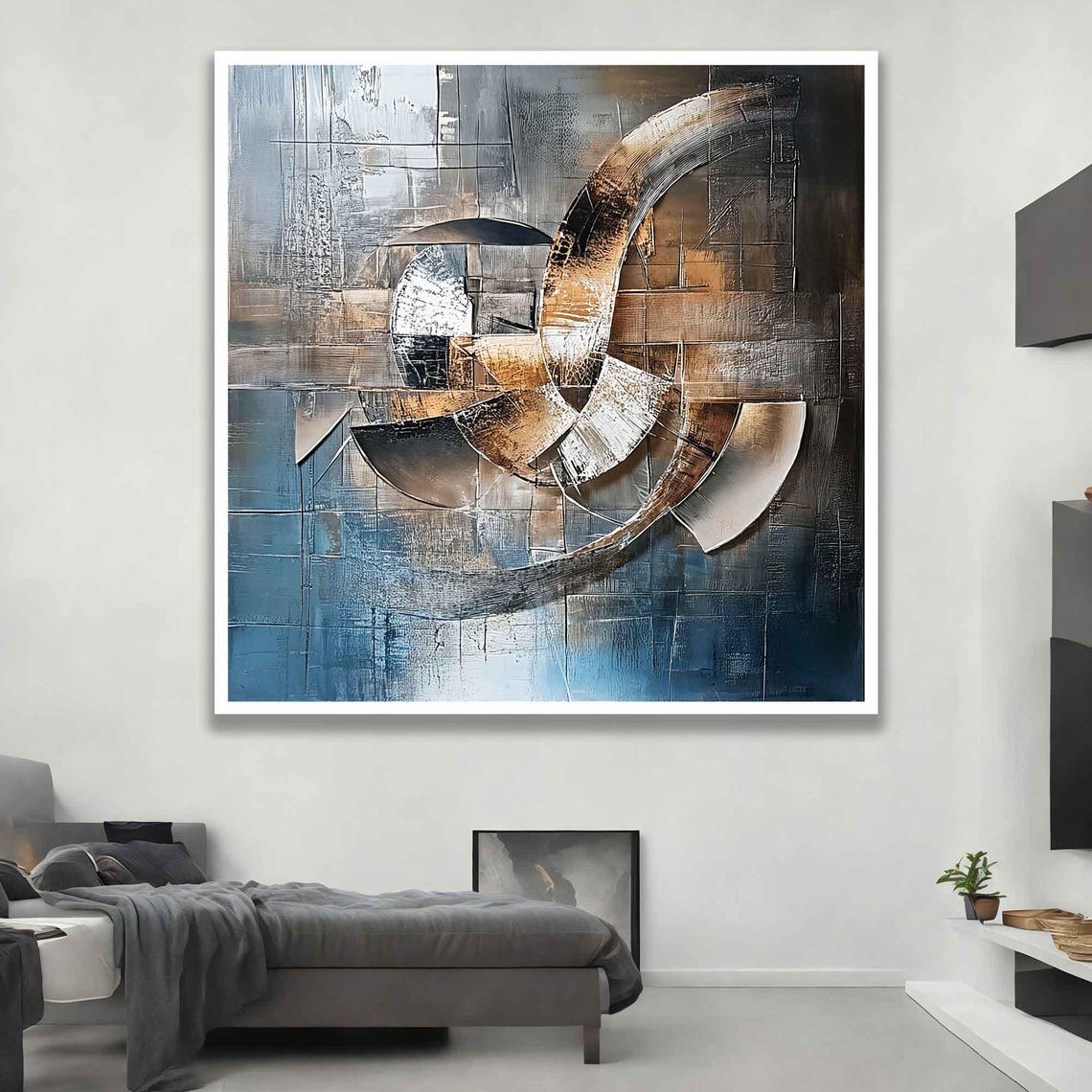 Metallic Copper Silver Circles Geometric Blue Gray Modern Art Poster - Image 3