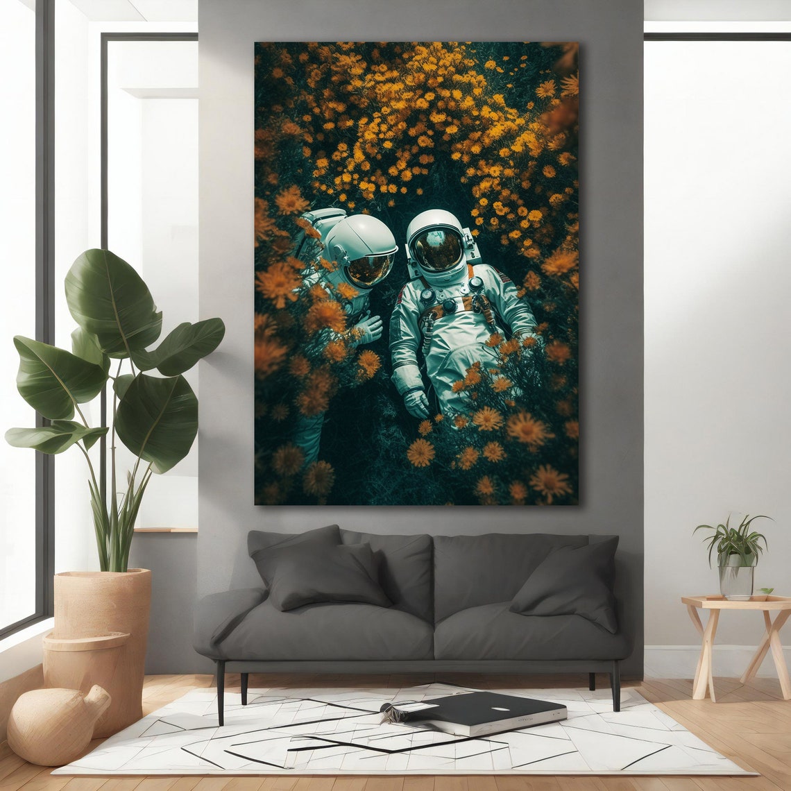 Two Astronauts Resting Among Yellow Wildflowers Aerial View Art Poster - Image 3