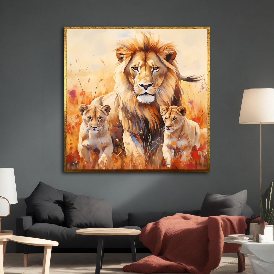 Male Lion With Two Cubs Golden Grassland Wildflower Painting Poster - Image 5