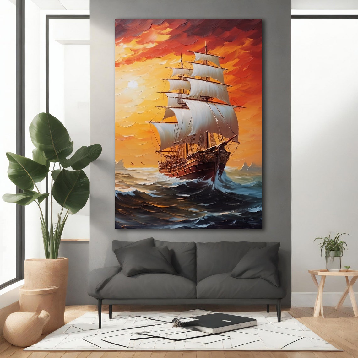 Tall Ship White Sails Dramatic Orange Sunset Clouds Ocean Art Poster - Image 2