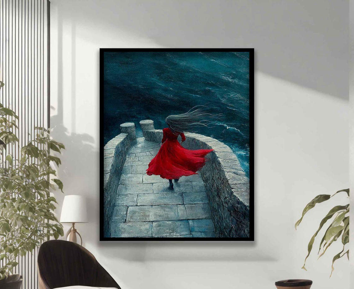 Woman With Red Dress Wall Decor Surreal Blonde Girl Poster Seascape Art Girl In Red Dress Print Beautiful Woman Home Decor - Image 3