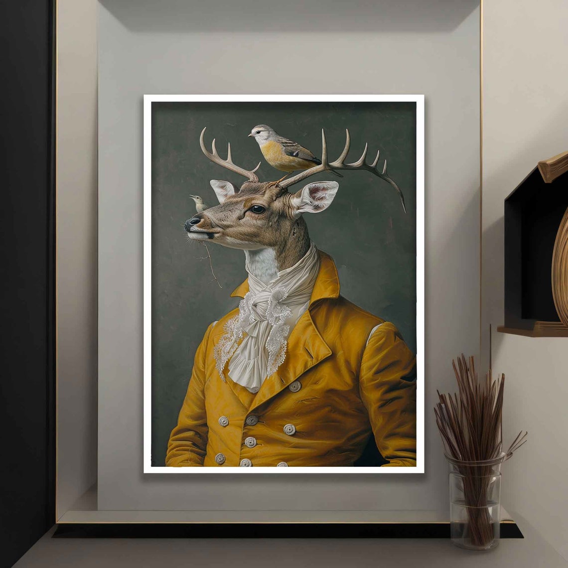 Noble Stag Profile Yellow Coat Lace Cravat Birds On Antlers Art Poster - Image 4