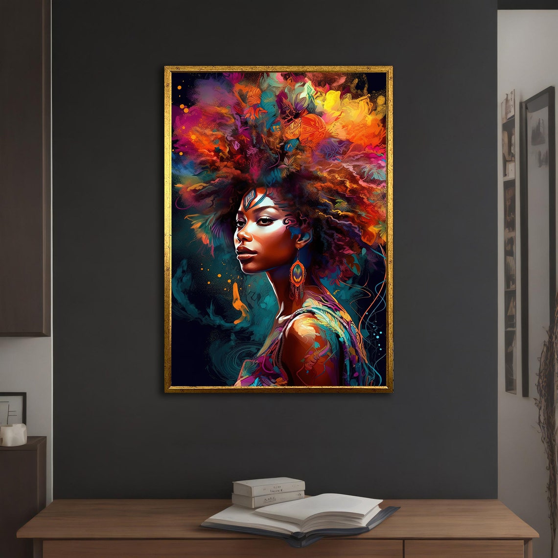 African Woman Exploding Colorful Afro Hair Teal Background Poster - Image 3