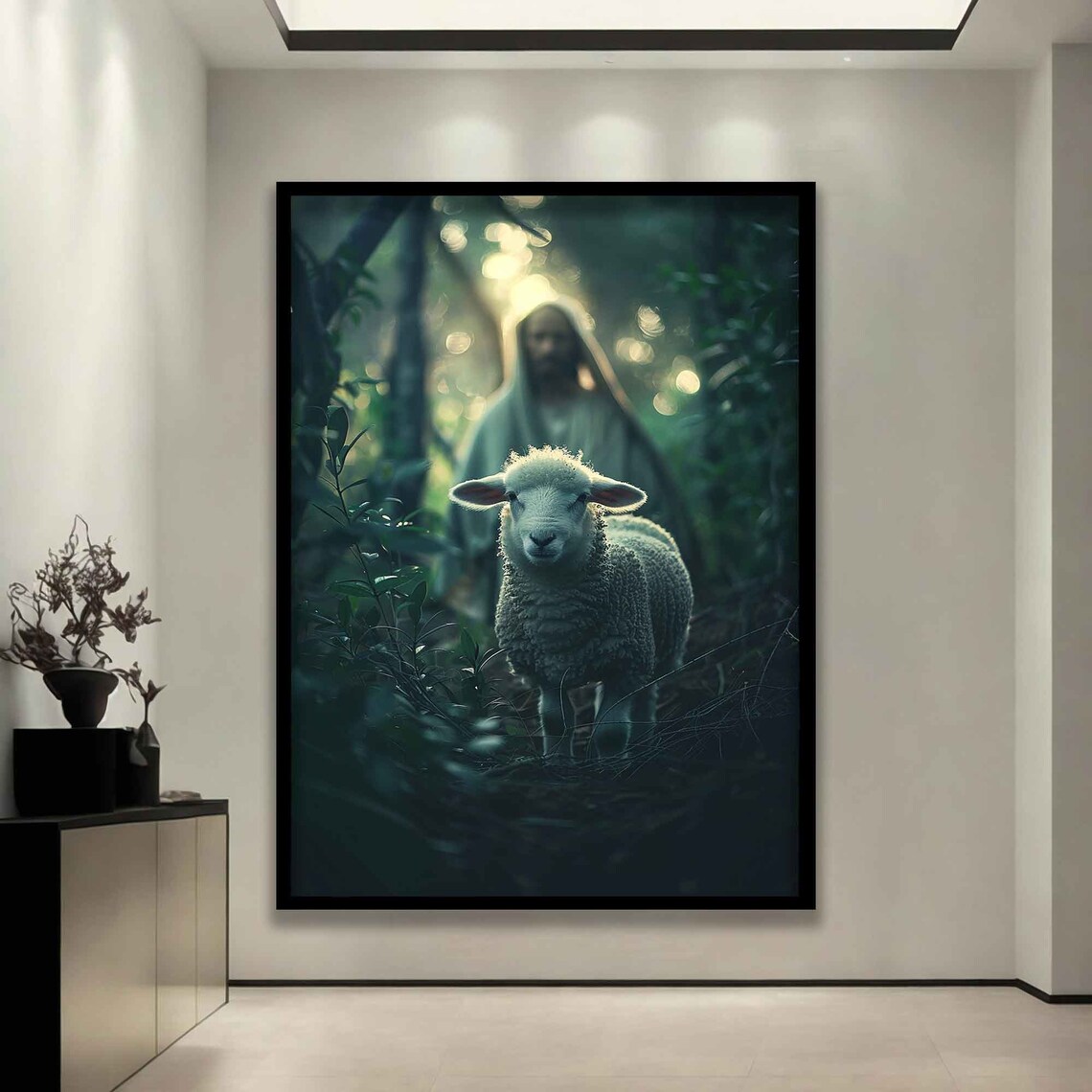 Jesus Lost Lamb Forest Light Beams Religious Christian Faith Art Poster - Image 3