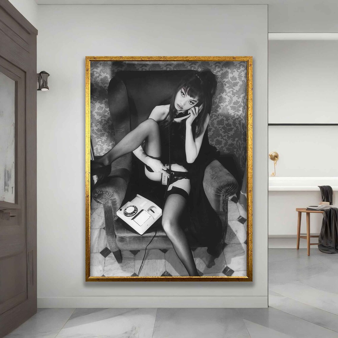 Vintage Woman Talking On Phone Black White Retro Glamour Pin Up Wall Print - Image 3