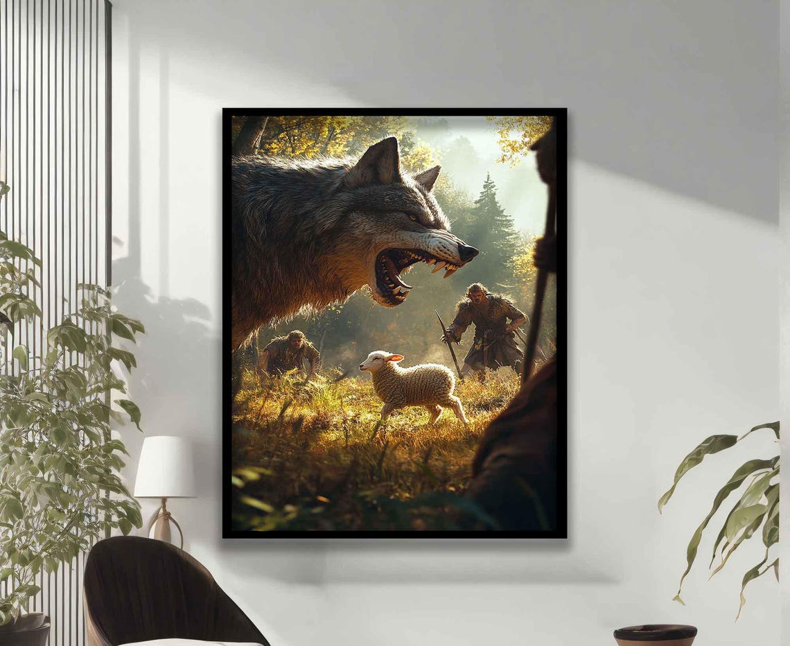 Jesus Shepherd Staff Shielding Lamb From Giant Wolf Autumn Poster - Image 3