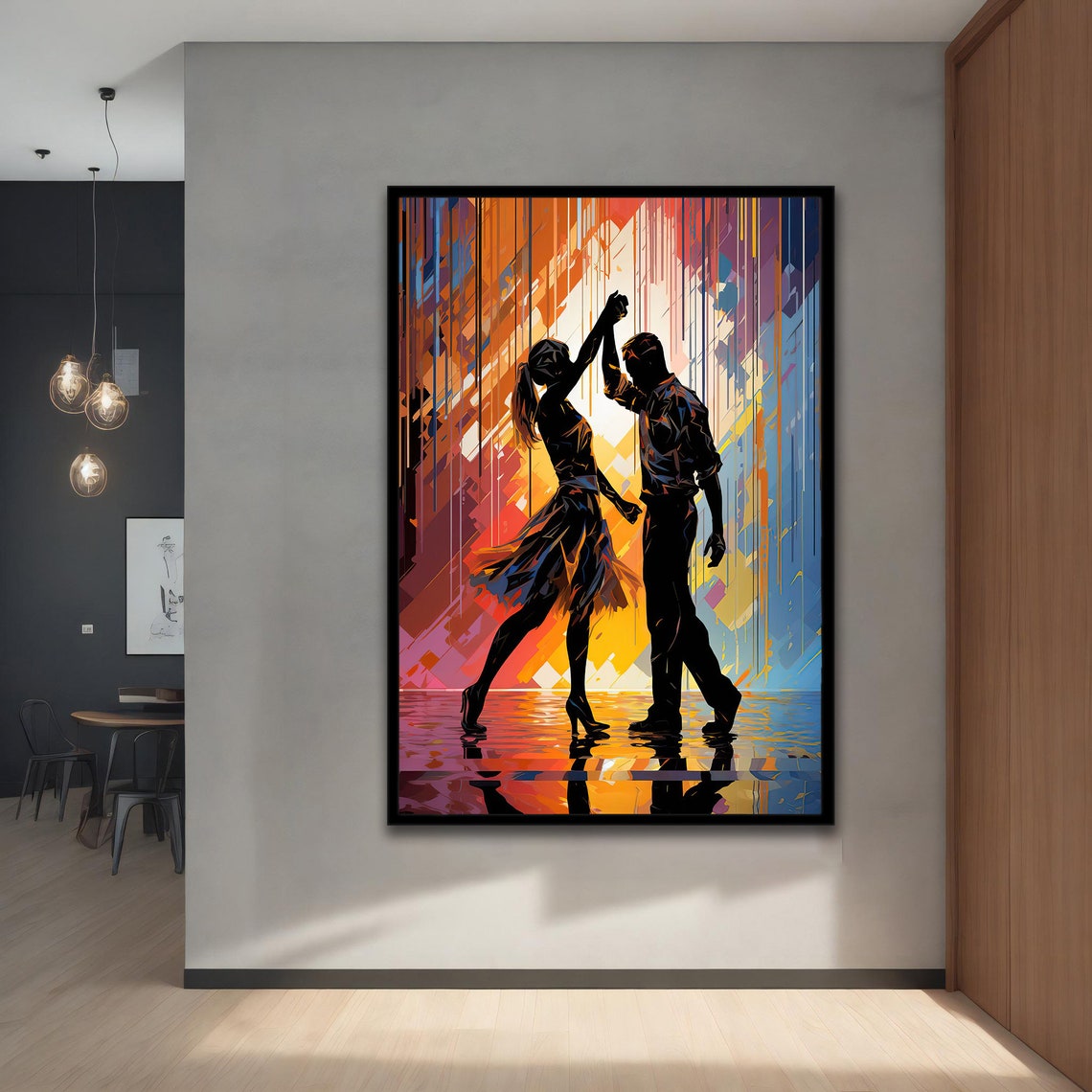 Silhouette Dancing Couple Abstract Colorful Night City Dance Wall Art - Image 5