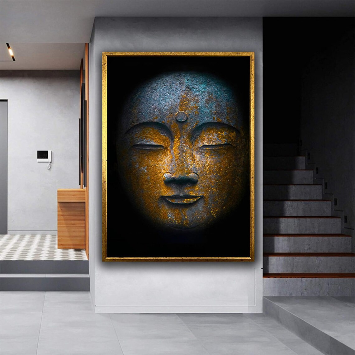 Ancient Bronze Buddha Head Close Up Black Background Zen Wall Art Poster - Image 3