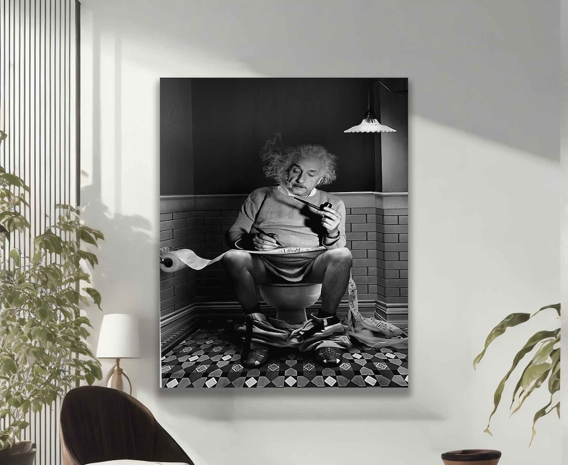 Einstein In The Toilet Black And White Art Print - Image 2