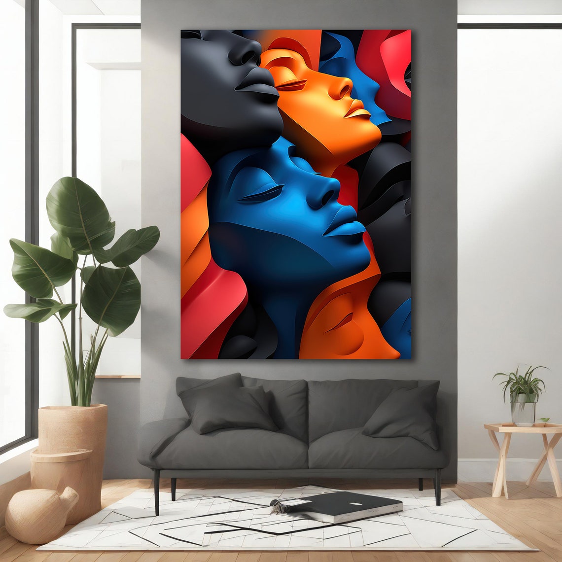 Colorful 3D Abstract Faces Blue Orange Black Modern Portrait Art Print - Image 3