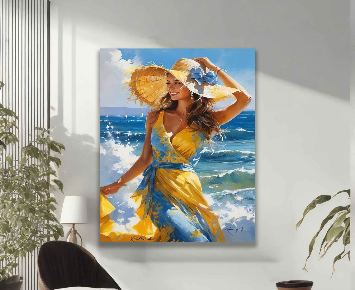 Happy Woman in Yellow Dress Straw Hat Sunny Beach Day Art Poster - Image 2